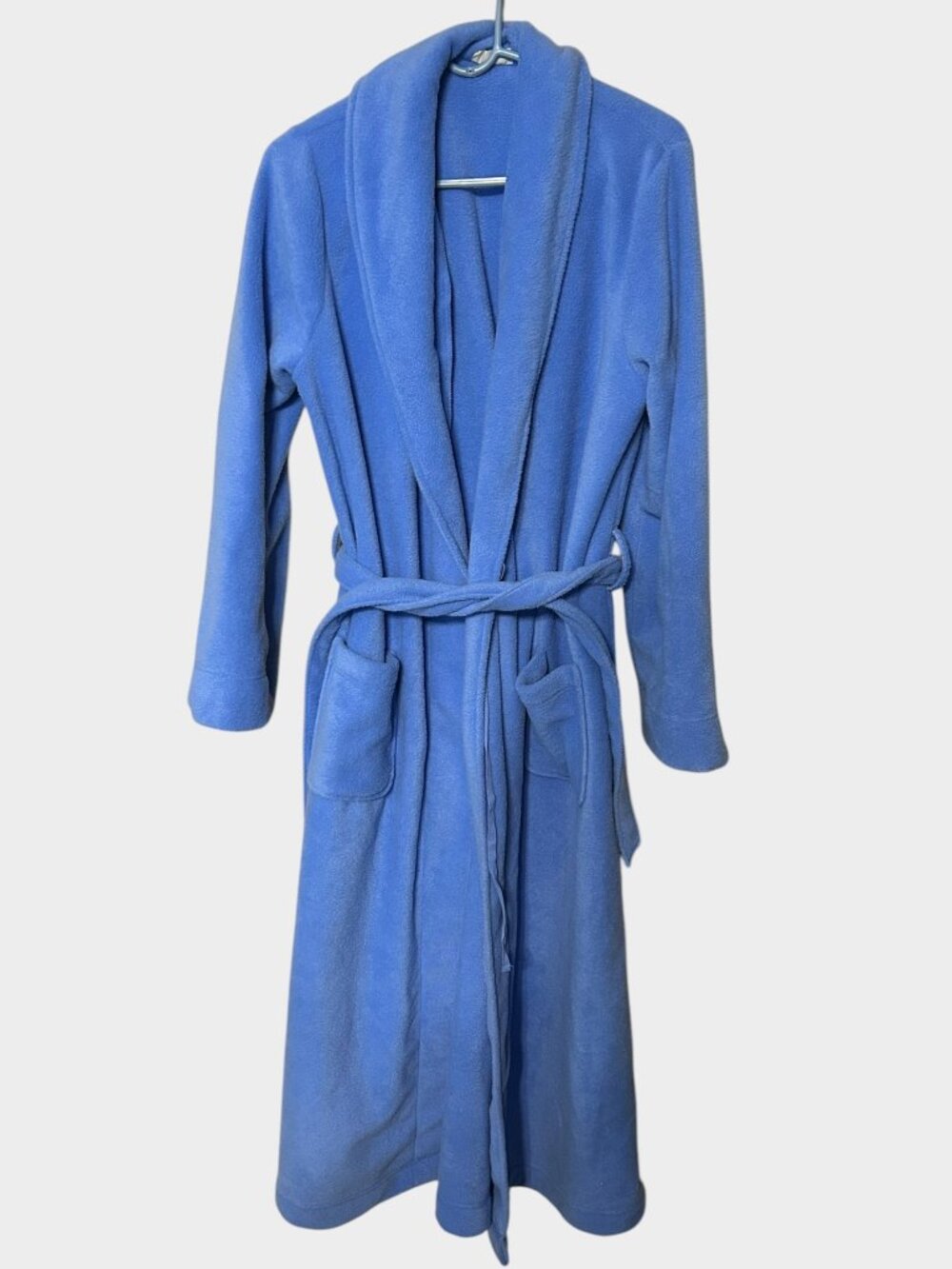 L.L.Bean Women's Blue Fleece Bathrobe Full Length Collar Tie Belt Pockets
